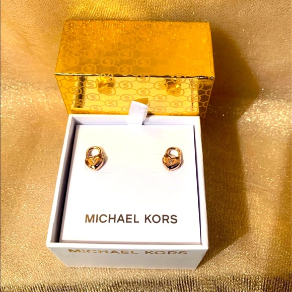 MICHAEL KORS Rose Gold Heart Lock Padlock Pave Stud Earrings NWT - Picture 4 of 6